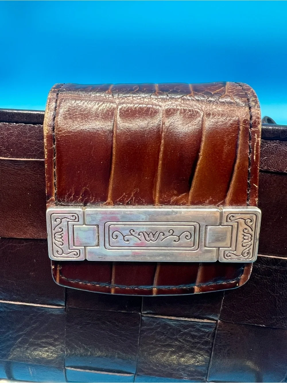 VTG Brighton Giverny Chocolate Brown Leather Basket Weave Wallet Clutch